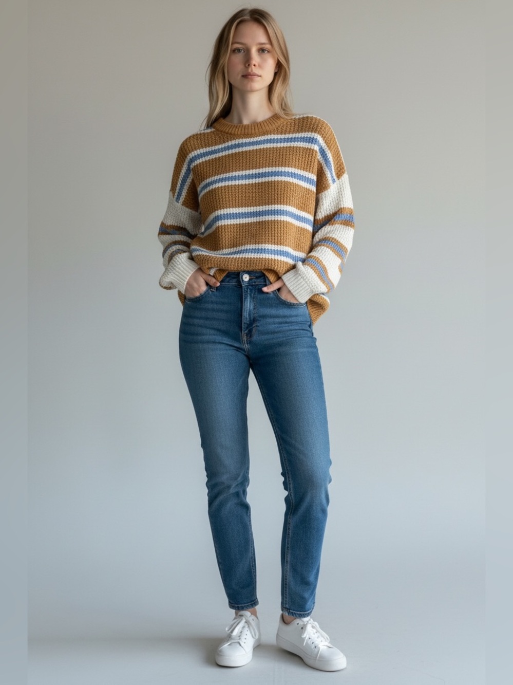 American Eagle Outfitters Striped Crewneck Sweater - Camel, White & Blue